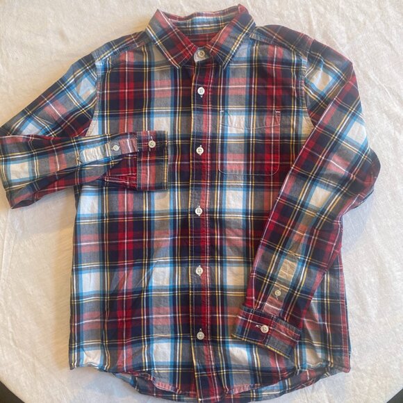Boys Childrens Place Red Plaid Button Up Long Sleeve Shirt Size L 10/12 Pocket - Picture 1 of 6